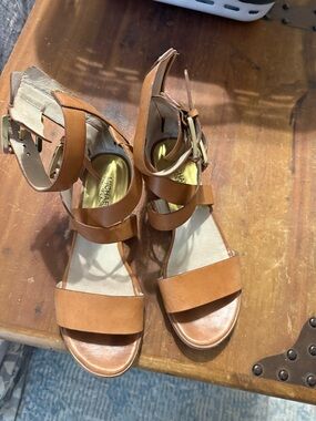 Michael Kors Brown Leather Strappy Wedge Sandals